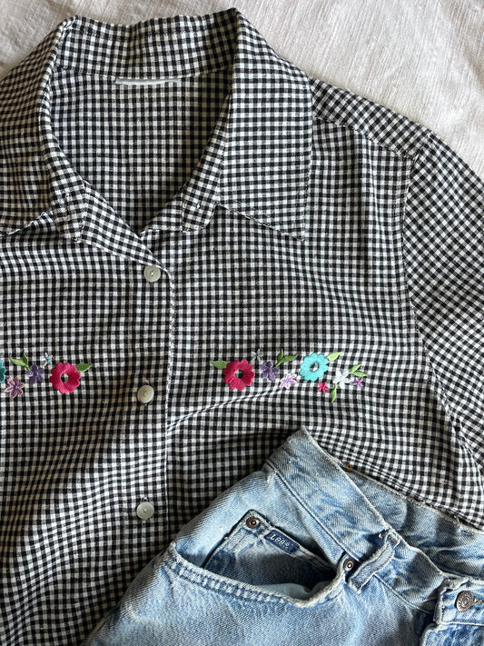 Checkered Floral Embroidered Blouse