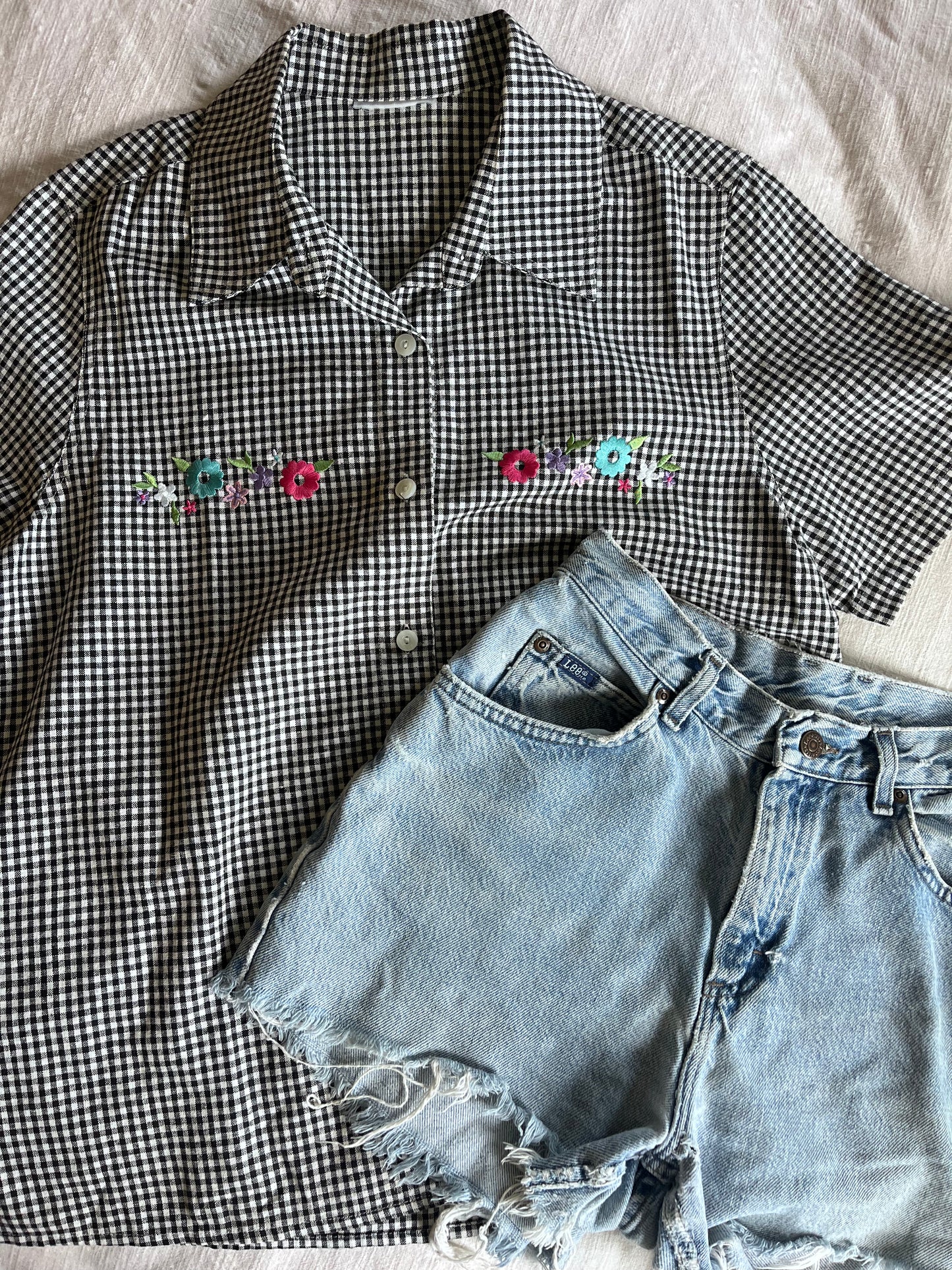 Checkered Floral Embroidered Blouse