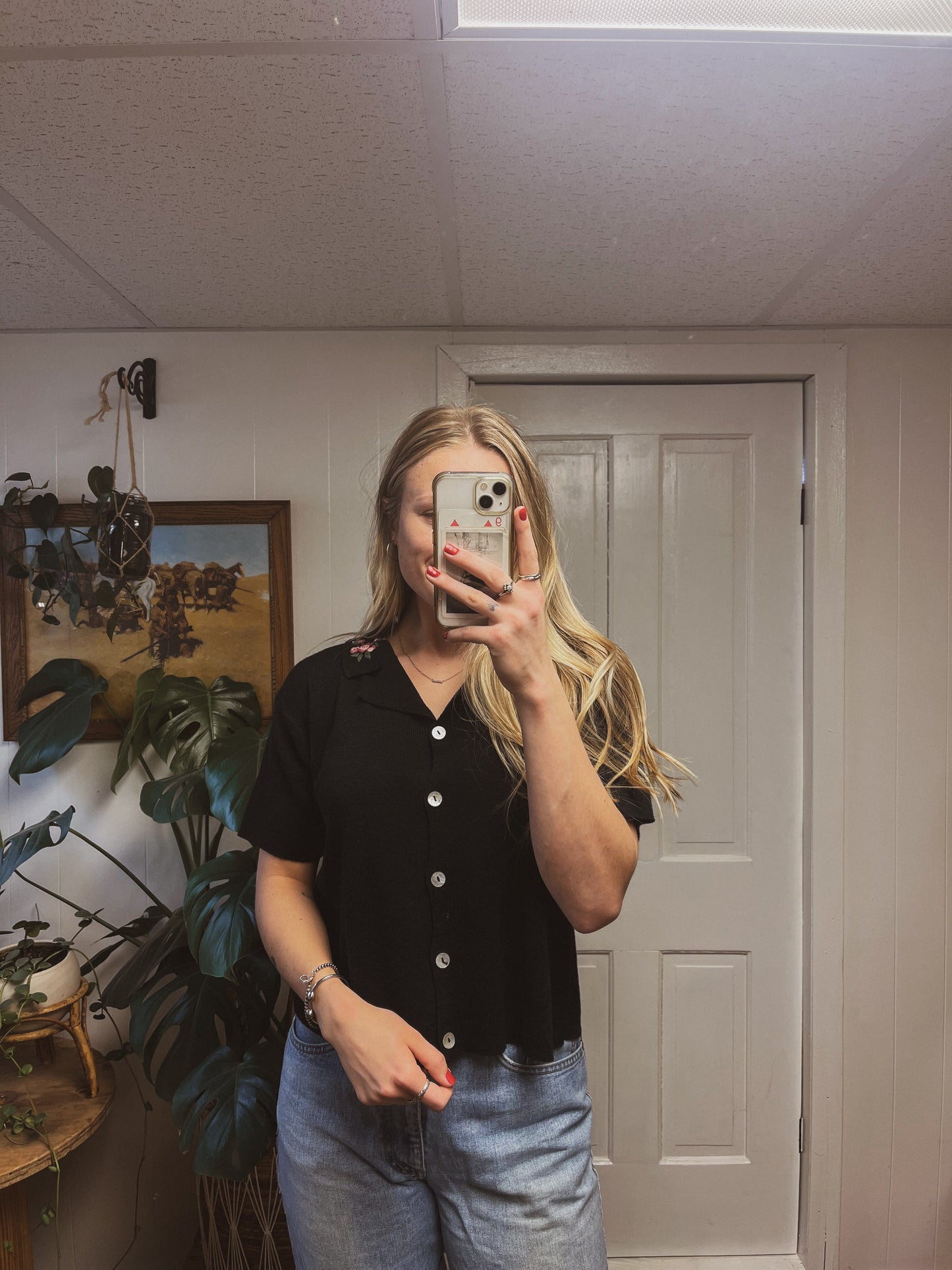 Embroidered Knit Button Up