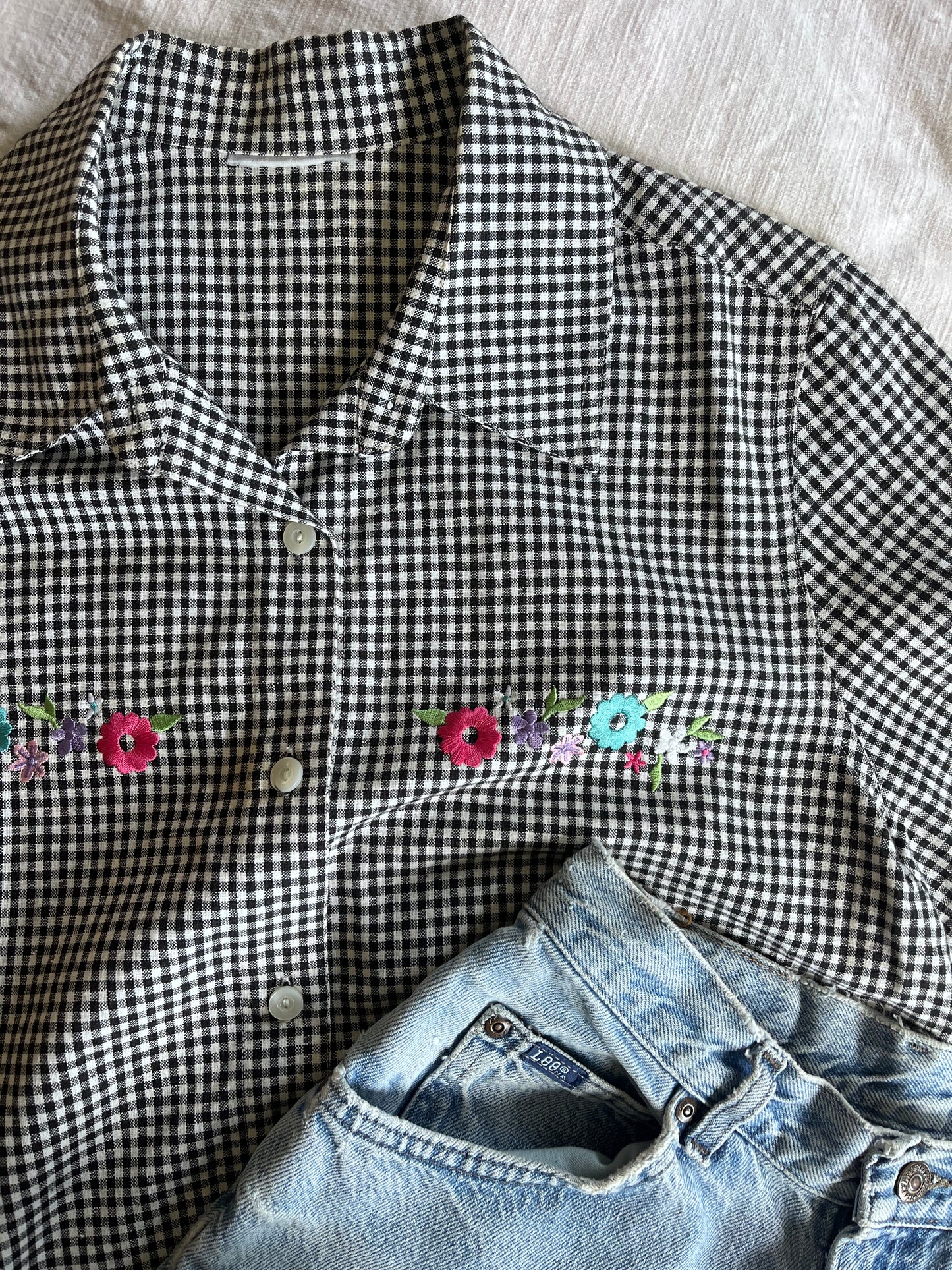 Checkered Floral Embroidered Blouse