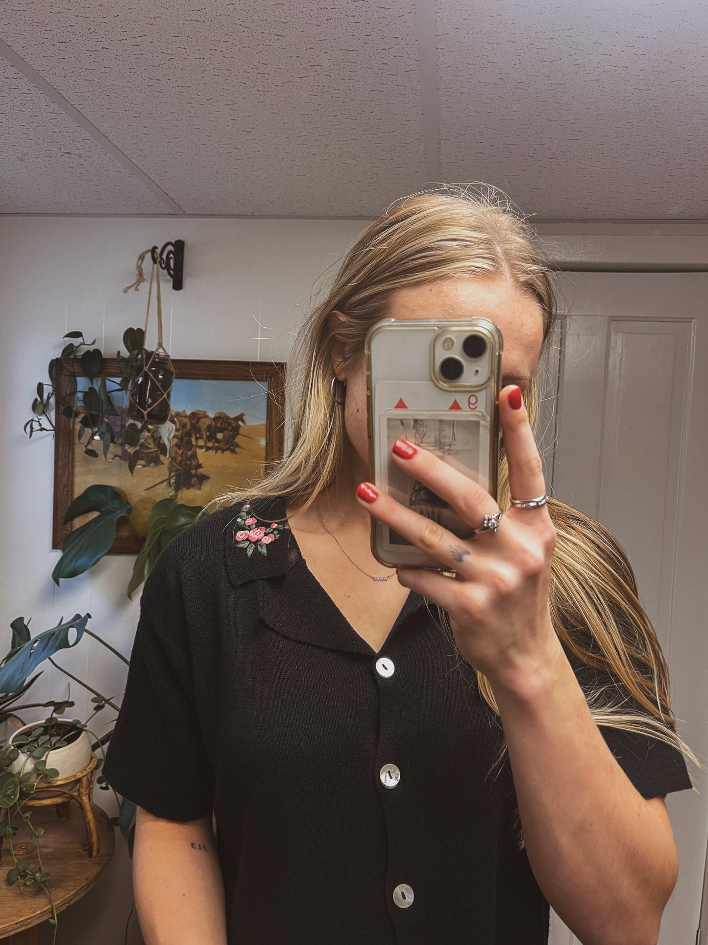 Embroidered Knit Button Up