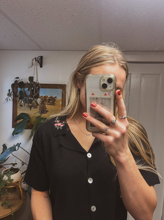 Embroidered Knit Button Up