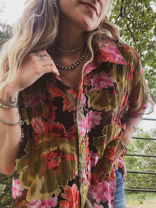 Floral Mesh Button Up
