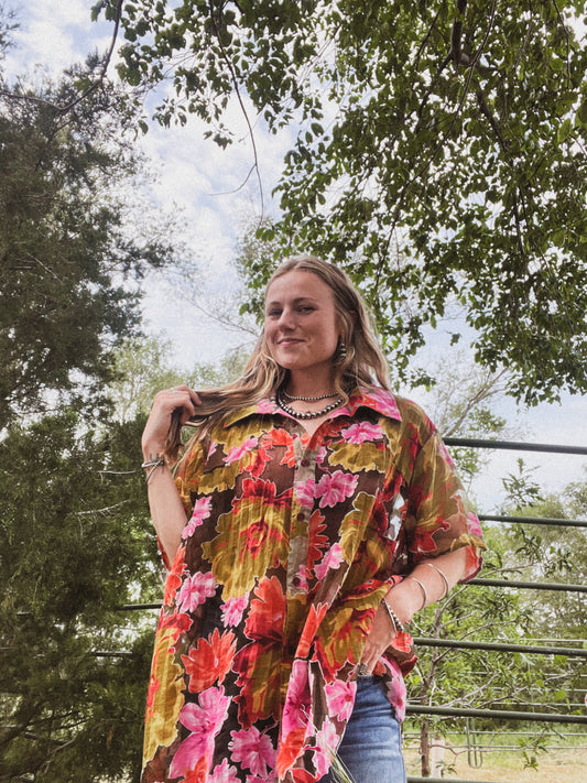 Floral Mesh Button Up